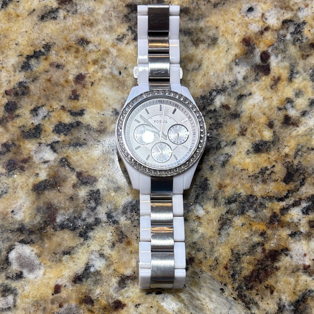 Fossil Silver and White Chronograph Watch